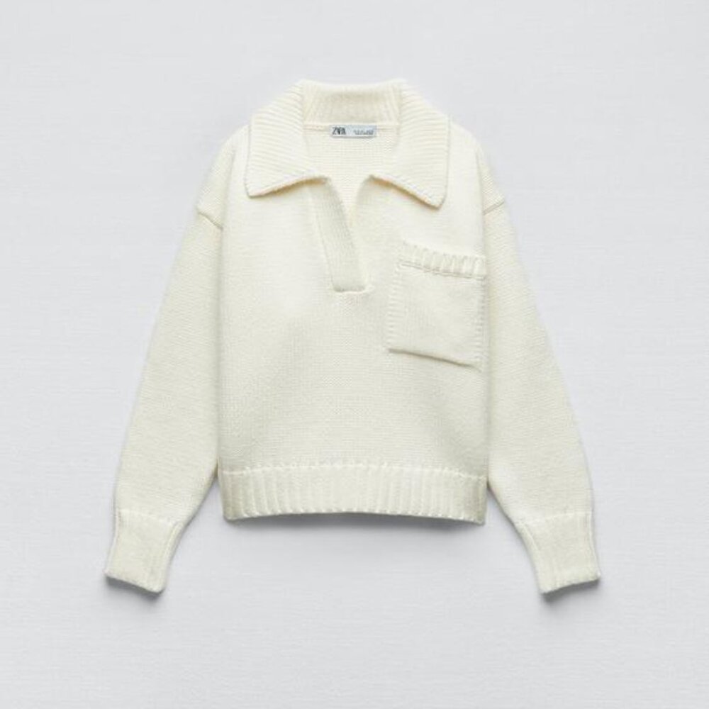 Zara Thick Knit Cream Cropped Sweater With Pocket Women Medium